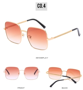 Three-view display of vintage square sunglasses with gold chain temples and gradient lenses
