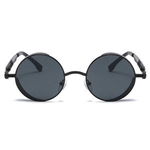 Steampunk round sunglasses with black metal frames and mechanical spring temple details