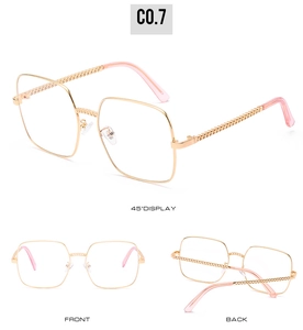 Three views of pink square sunglasses with unique golden chain-link temple design