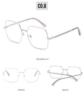 Detail view of retro square metal glasses with chain temples and lavender tips