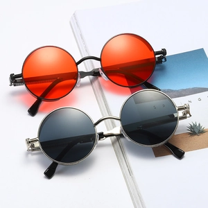 Steampunk round sunglasses with metal spring temples and vintage tinted lenses