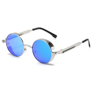 Steampunk round sunglasses with blue mirrored lenses and silver metal spring frame
