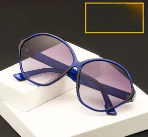 Detailed view of oversized oval sunglasses with purple gradient lenses on a white display