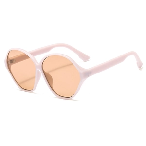 Stylish light pink oval oversized sunglasses with orange tinted lenses in a 45-degree view