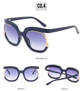 Three-angle view of oversized sunglasses with blue gradient lenses and gold metal trim