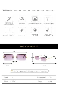 Size chart showing dimensions for rimless square sunglasses with purple gradient lenses