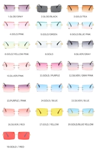Detailed catalog of frameless rectangular sunglasses with metal temples and colorful lenses