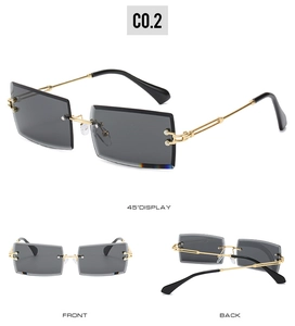 Three-way view of rimless rectangular sunglasses with gold temples and grey lenses
