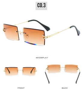 Detail view of rimless square sunglasses with orange gradient lenses and gold metal frames