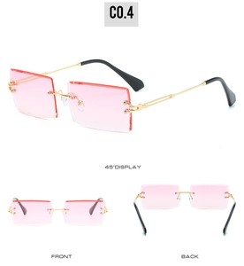 Detailed views of rimless square sunglasses with pink lenses and gold metal temples