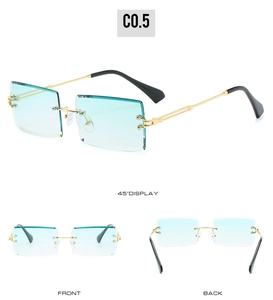 Three perspectives of rimless square sunglasses with light blue lenses and gold metal temples