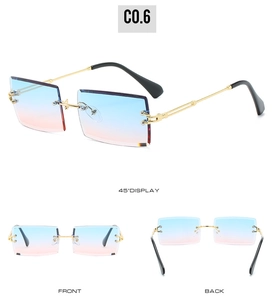 Detail view showing blue and pink gradient lenses on rimless rectangular sunglasses