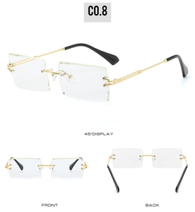 Detailed views of rimless rectangle sunglasses with gold metal frame and black temple tips