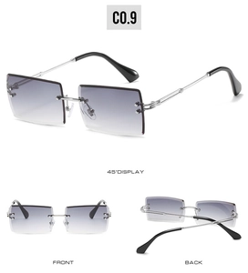 Three-angle views of rimless rectangular sunglasses with silver metal temples and grey lenses