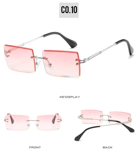 Three-angle views of rimless square sunglasses with pink gradient lenses and silver metal frame