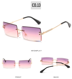 Three perspectives of rimless rectangle sunglasses with purple gradient lenses and gold arms