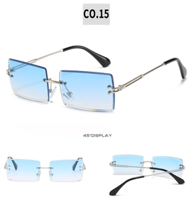 Detailed multi-angle views of rimless rectangular sunglasses with blue gradient lenses