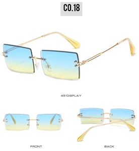 Multiple views of rimless rectangle sunglasses with blue-yellow gradient lenses and gold frame