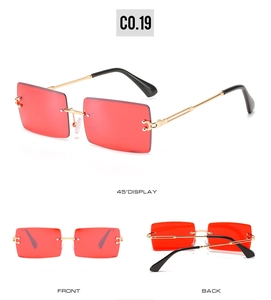 Three-angle view of rimless rectangular sunglasses with red lenses and gold metal temples