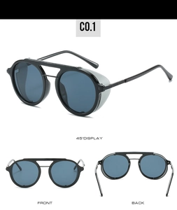 Detail view of steampunk round sunglasses with side shields and dual bridge design