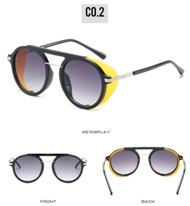 Steampunk sunglasses with retro round frames, gradient lenses, and yellow side shields