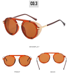 Steampunk sunglasses with orange frames, side shields, and gold metal detail accents