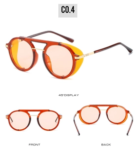 Steampunk sunglasses with aviator frame and side shields in amber lenses from multiple angles