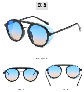 Steampunk sunglasses with side shields and gradient lenses in multiple view angles