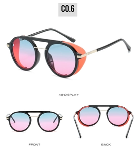 Steampunk sunglasses with orange side shields and gradient lenses in multiple view display