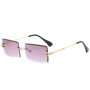 Fashionable rimless rectangular sunglasses with purple gradient lenses and gold metal arms