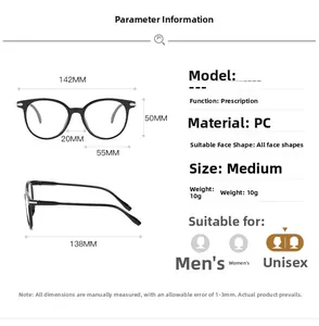 Size chart showing 142mm frame width and PC material specs for retro round glasses
