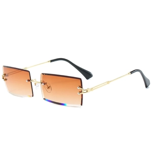 Fashionable rimless rectangular sunglasses with gold metal frame and gradient brown lenses