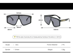 Detailed size chart for oversized trendy shield sunglasses with precise dimensions in mm