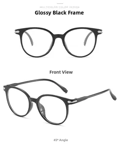 Close-up of glossy black round frames showing front and 45-degree angle detail