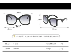 Detailed size chart for oversized square sunglasses showing frame dimensions and PC material specs