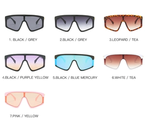 Multiple views of oversized one-piece sunglasses in various colors and reflective finishes