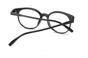 Macro view of black round eyeglass frames showing hinges and polished back side
