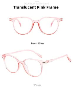 Detail view of transparent pink glasses frames with silver accents from multiple angles