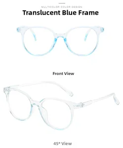 Detailed front and 45-degree view of transparent light blue round frame eyeglasses