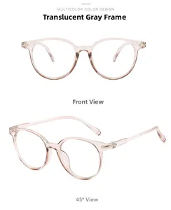 Detailed views of transparent gray retro round glasses frames from front and 45 degree angle