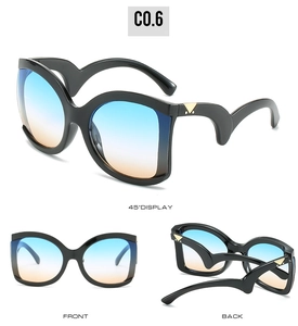 Detailed multi-angle views of black oversized sunglasses with blue-orange gradient lenses
