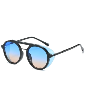 Steampunk sunglasses with black frames, gradient blue lenses and transparent side shields