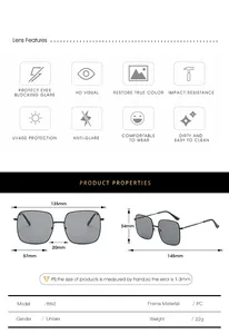 Detailed size chart for retro square sunglasses with frame width of 135mm and UV400 protection
