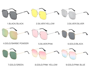 Detailed catalog showing nine colors of square metal sunglasses with various gradient lenses
