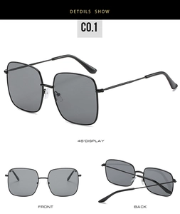 Detailed multi-angle views of large square black metal frame sunglasses with grey lenses