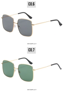 45-degree angle display of square metal sunglasses in grey and green lenses
