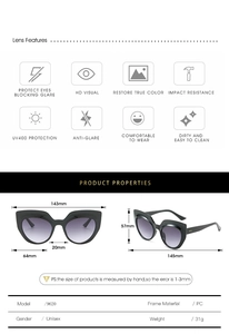Detailed measurement diagram of cat-eye sunglasses with dimensions and PC material info
