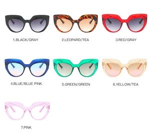 Detailed collection of cat eye sunglasses in seven various frame colors and tinted lenses