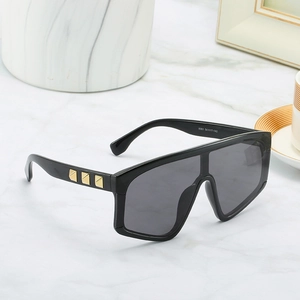 Oversized trendy square sunglasses with dark lenses and gold rivet accents on temple