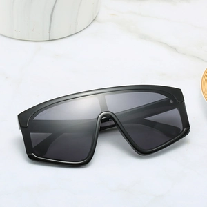 Modern oversized shield sunglasses with black frames and dark grey reflective lenses